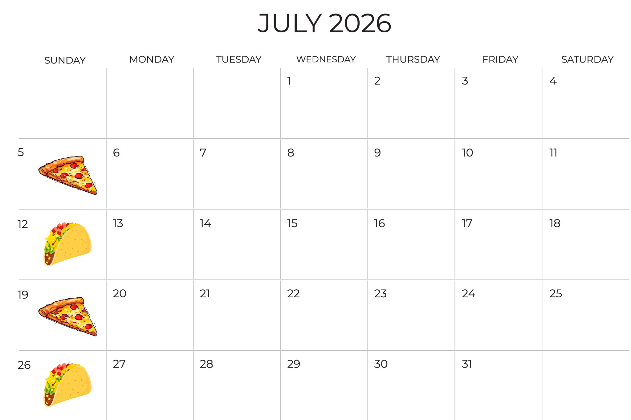 July Sunday Funday Calendar