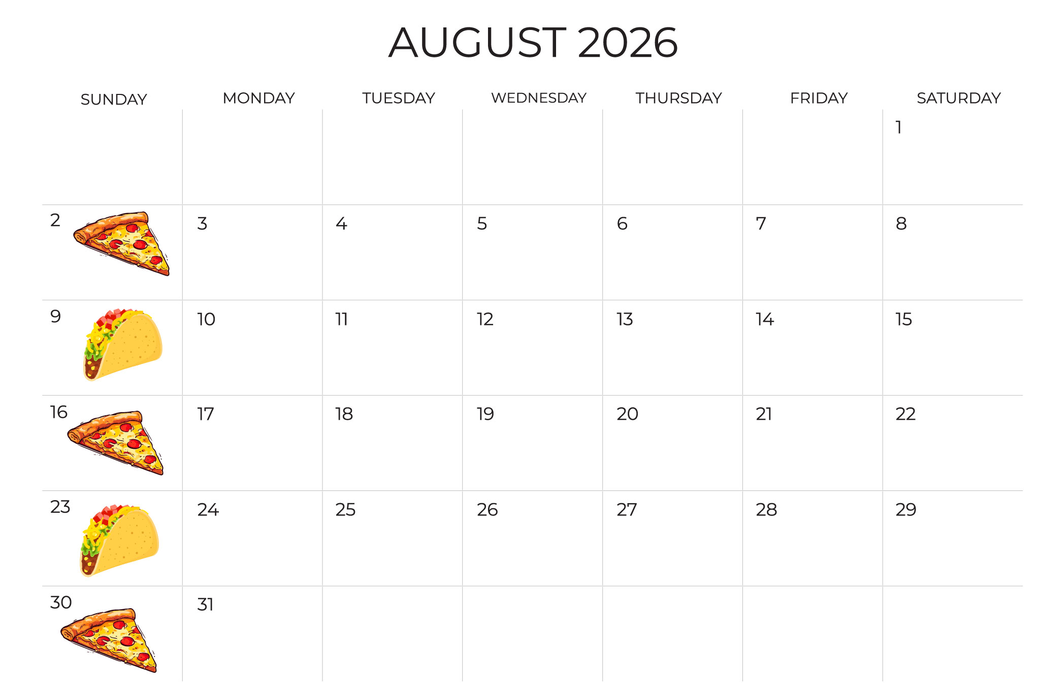 August Sunday Funday Calendar